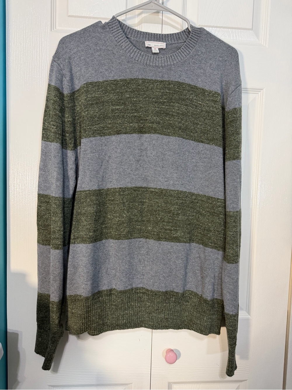 GAP Men's Crewneck Sweater in Gray and Olive Stripe